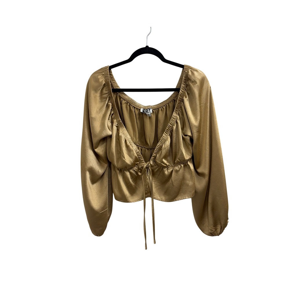 Audrey 3+1 Gold Satin Cropped Blouse Balloon Sleeve Tie Front Boho Top Medium